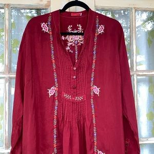 JOHNNY WAS Rayon Crepe Embroidered Tunic Blouse/Dress sz L